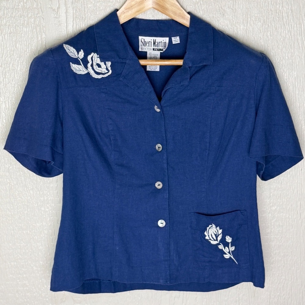 Sheri Martin Petite Blue Linen Blend Embroidered Floral Button Front Blouse 12P